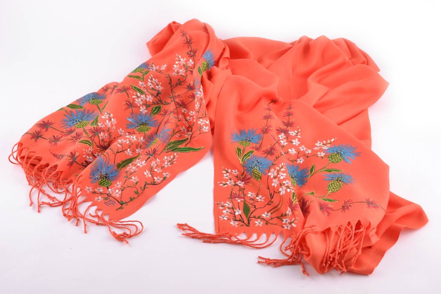 Яркий шарф из кашемира с цветами ручная роспись по ткани фото 4
