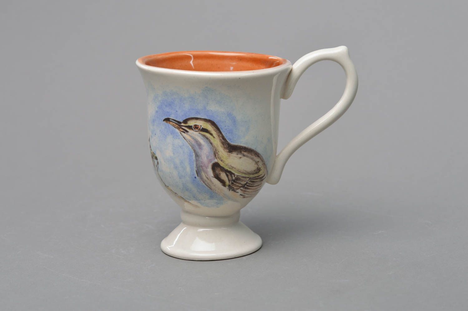 Art porcelain elegant 5 oz tea cup with an elegant handle and bird painted pattern photo 1