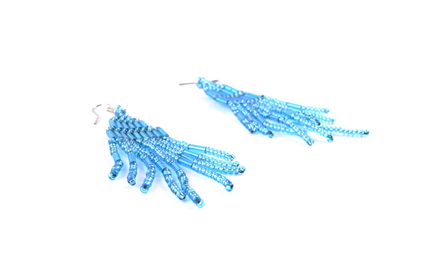 Handmade blue long beaded earrings for girls photo 2