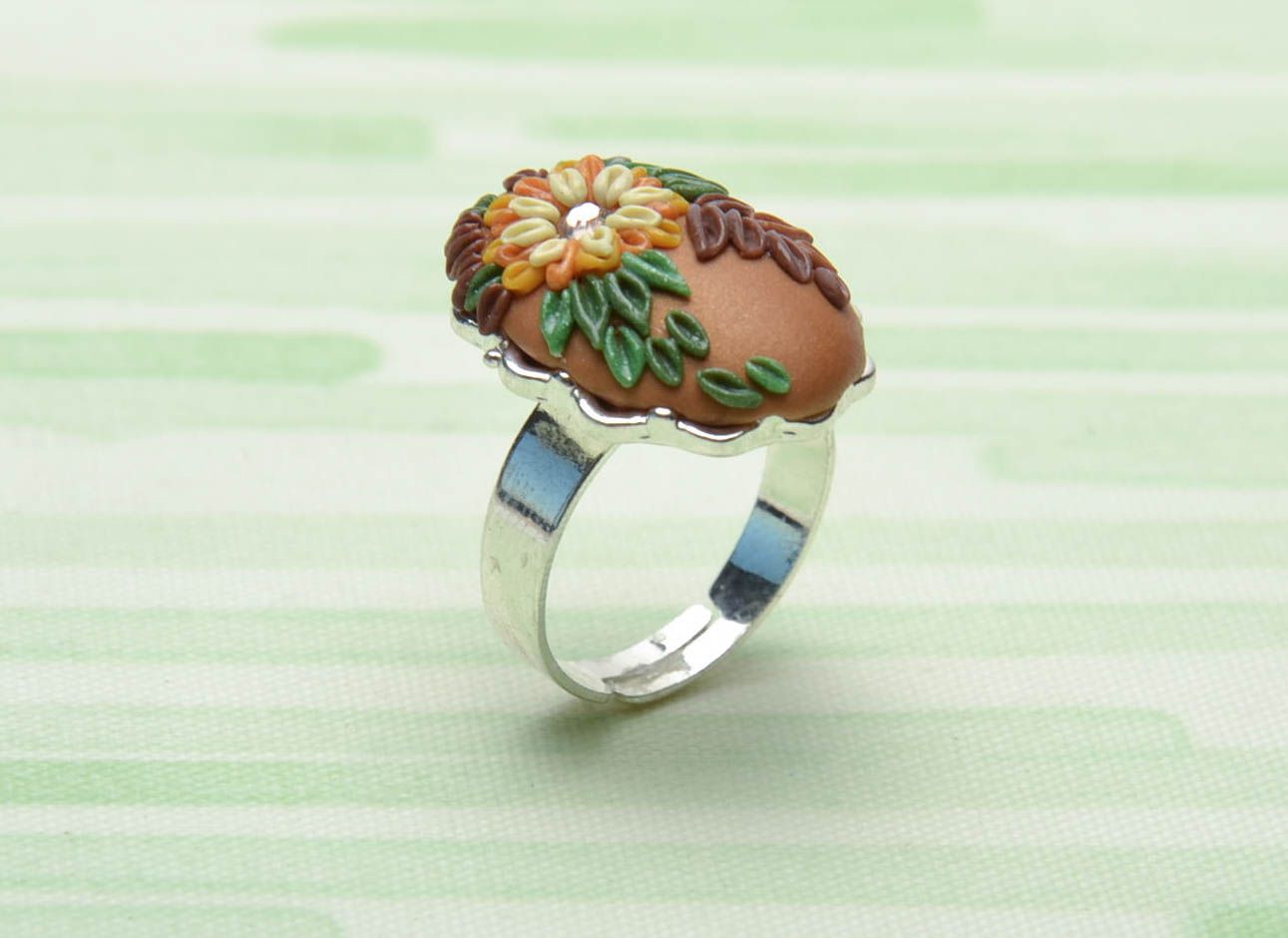 Ring with polymer clay flowers photo 1