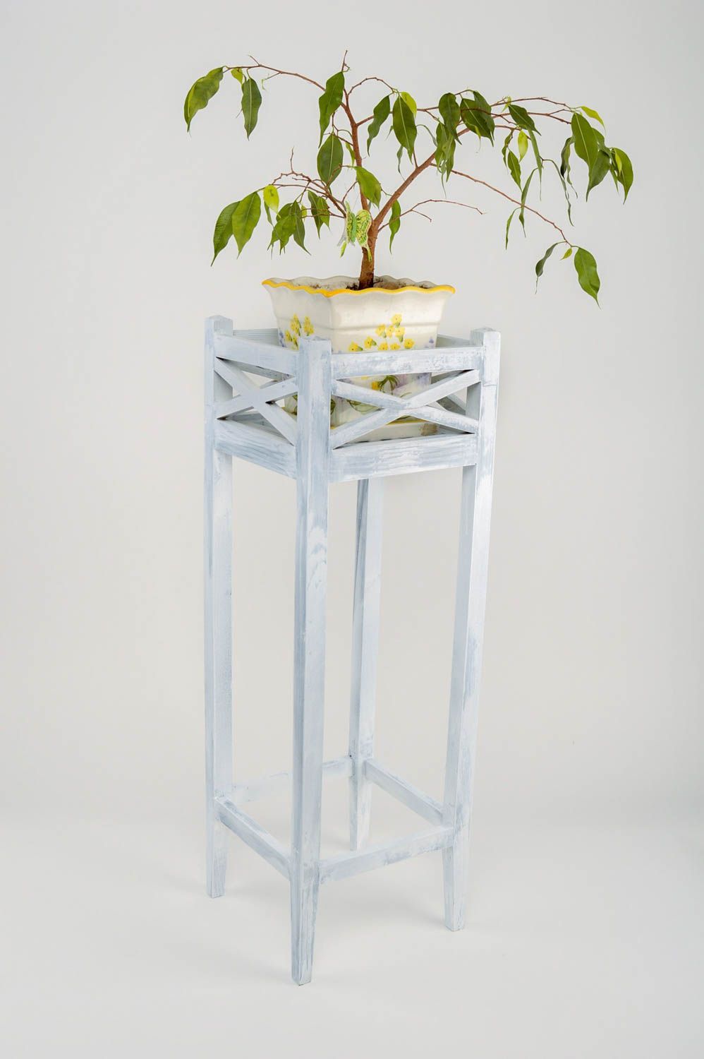 Support pour pot de fleurs en bois de pin fait main bleu clair haut design photo 1