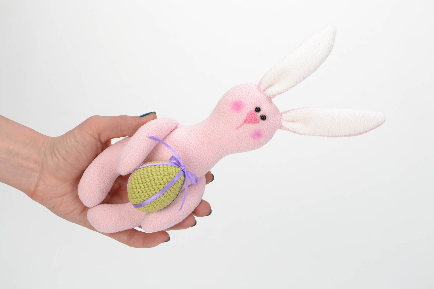 Текстильный заяц с яйцом игрушка ручной работы розовая на Пасху красивая фото 2