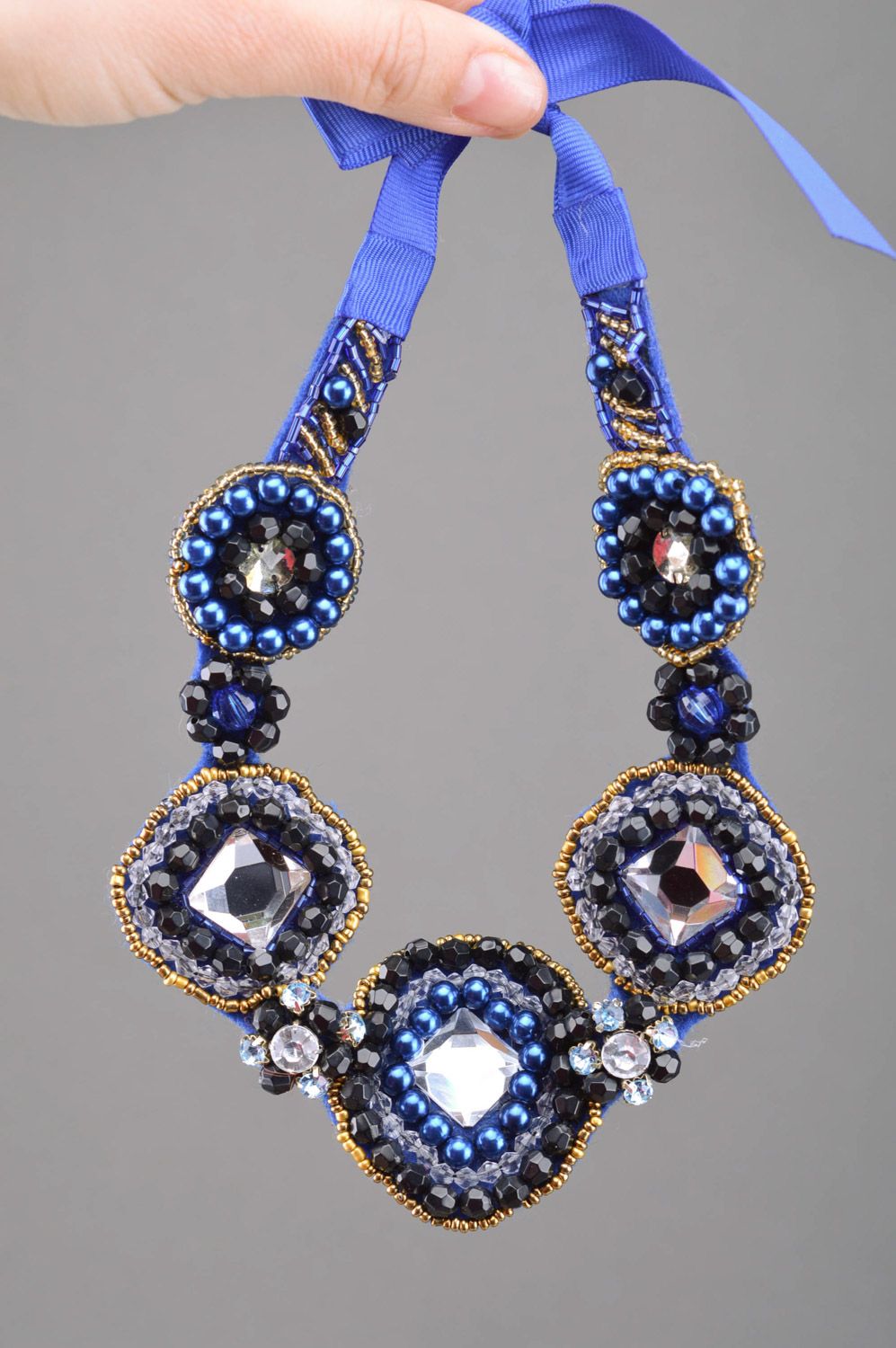 Elegant handmade bead embroidered collar necklace in blue colors 1001 nights photo 3