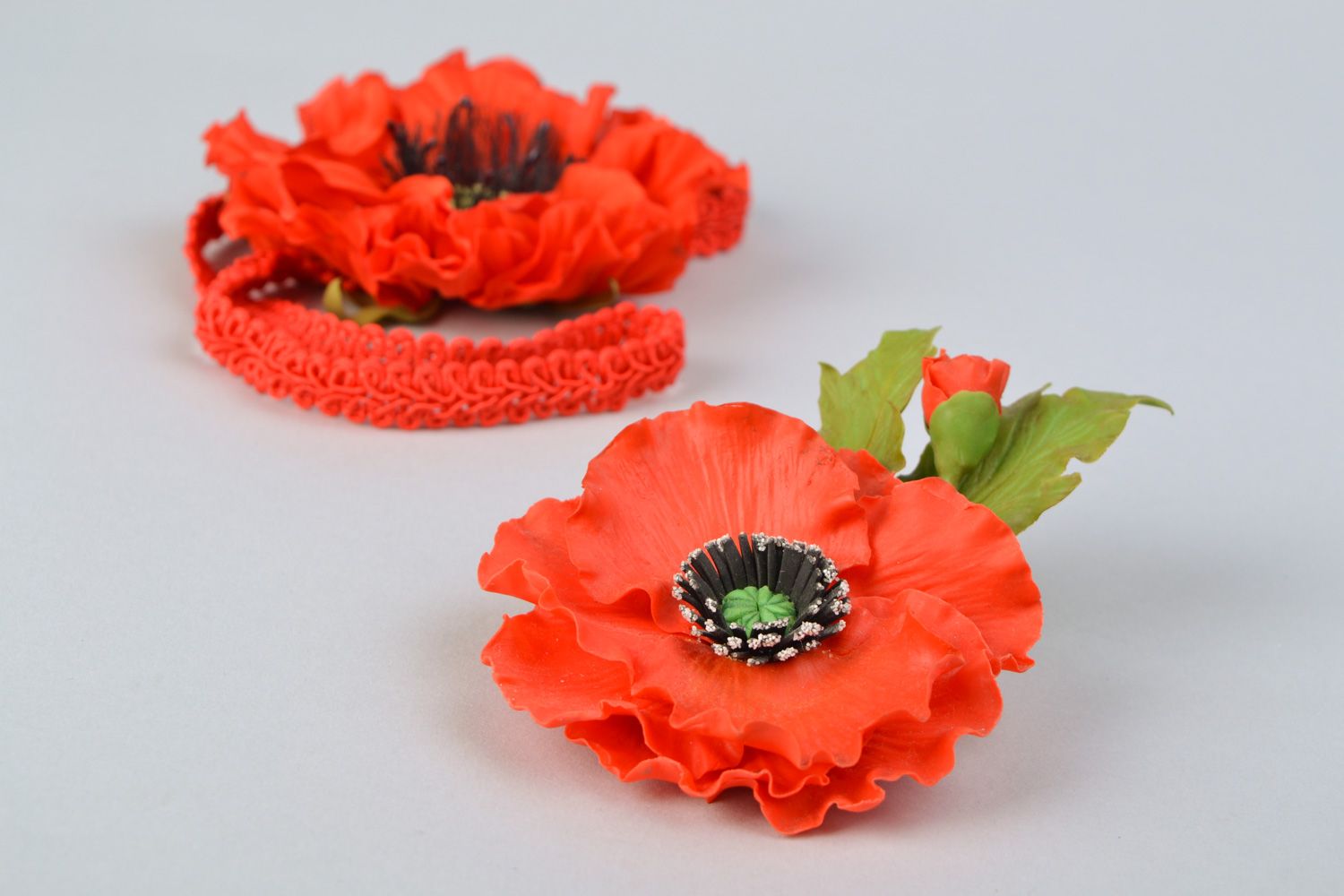 Set of handmade fabric flower hair accessories Poppies photo 4