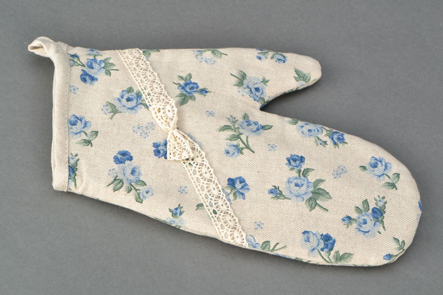 Moufle de cuisine en coton et polyamide blanche à motif floral faite main photo 3