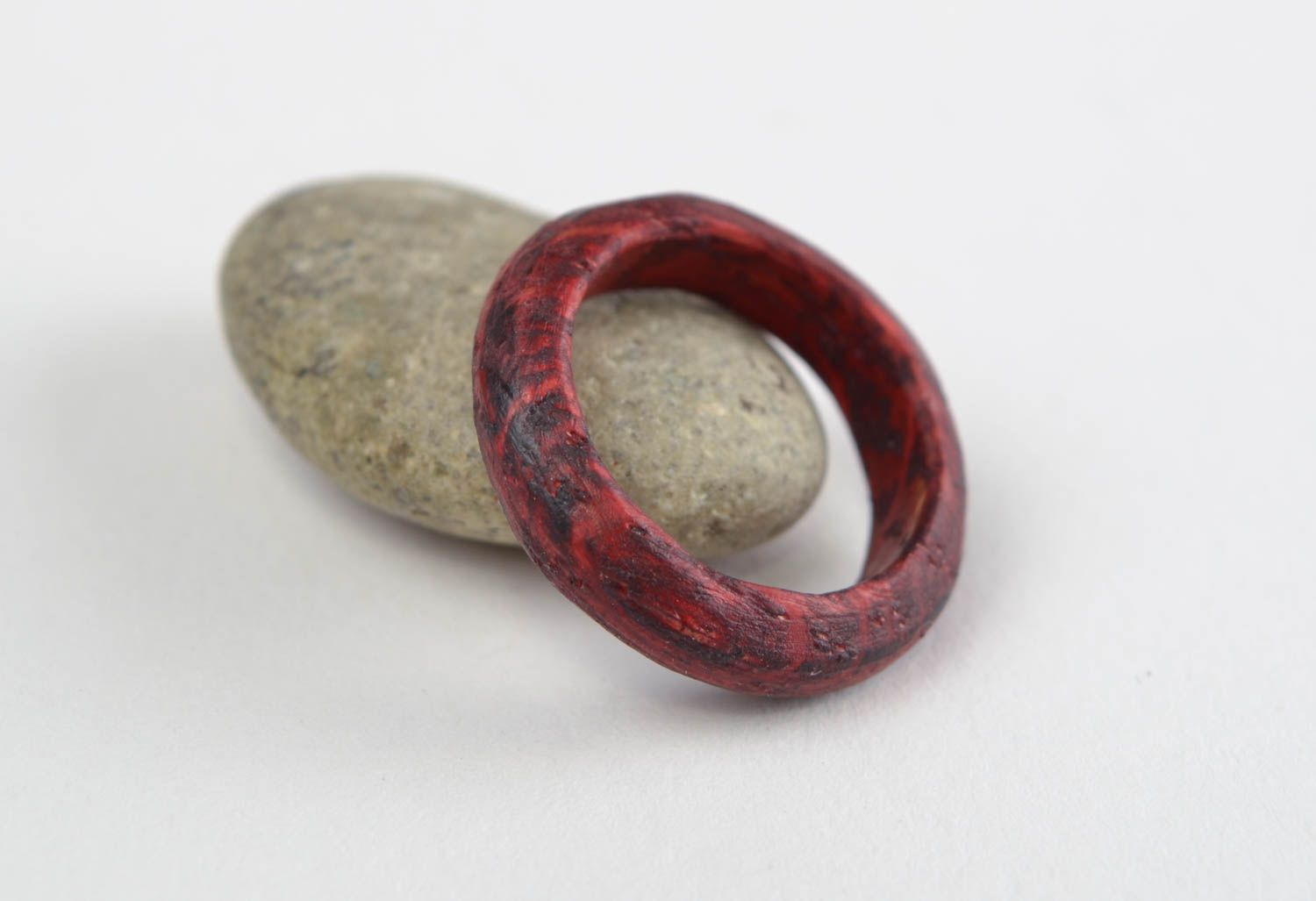 Unusual stylish handmade designer carved wooden ring unisex red photo 1