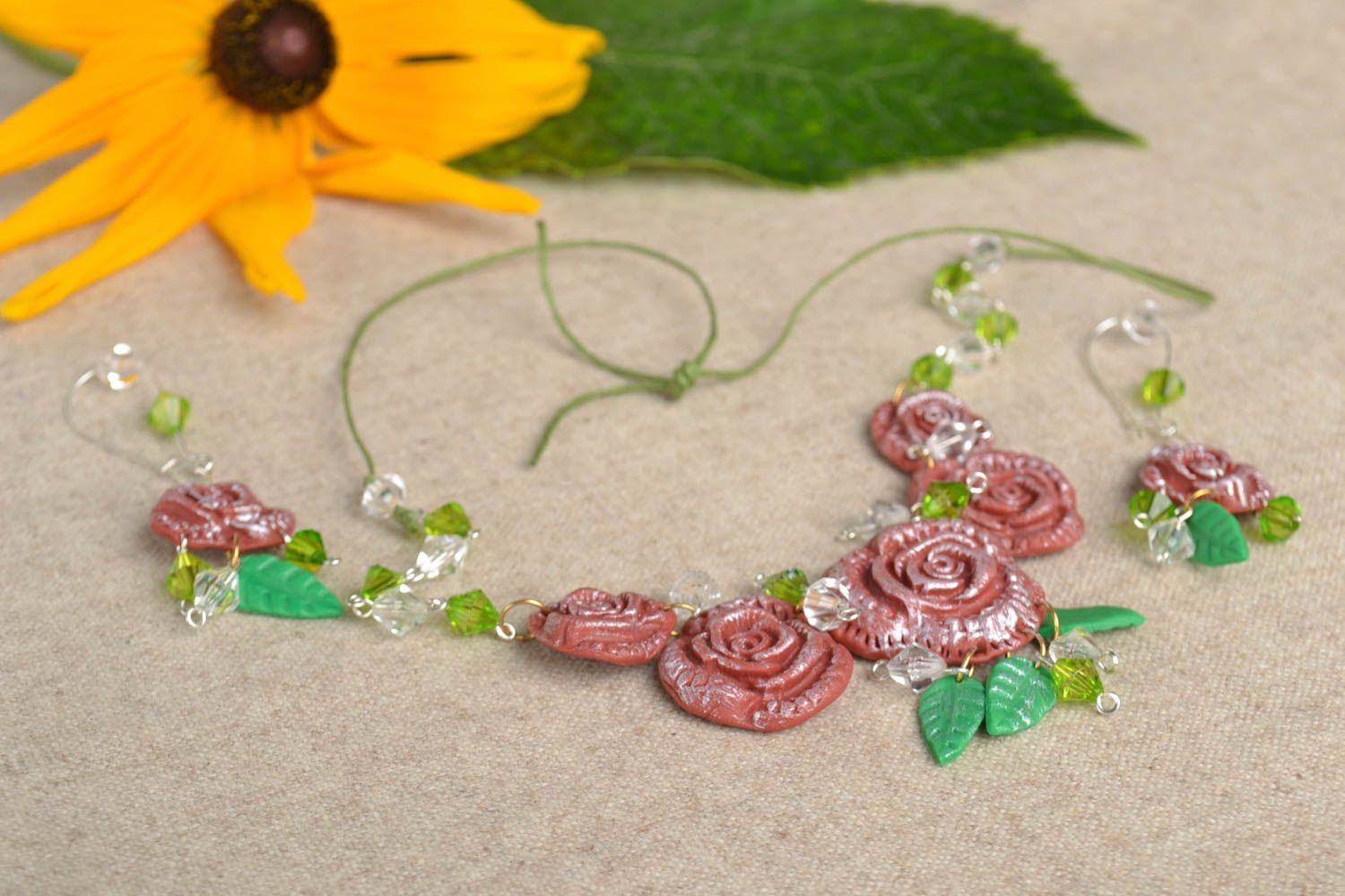 Flower jewelry set handmade necklace cool earrings polymer clay designer jewelry photo 1
