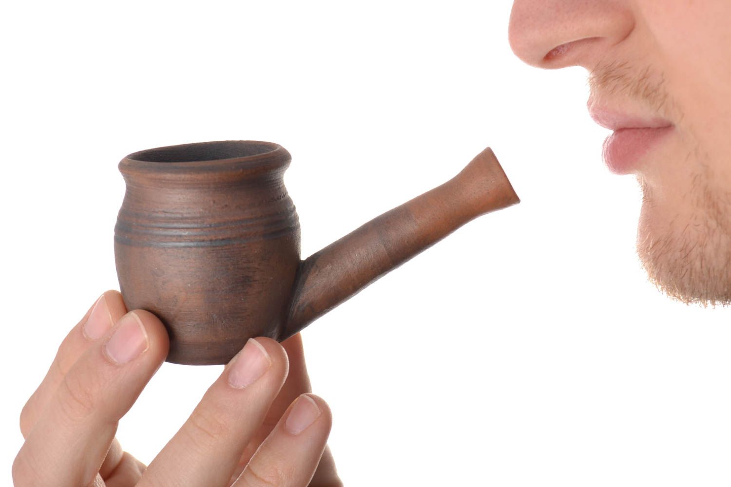 Глиняная курительная трубка в технике молочения ручной работы оригинальная фото 1