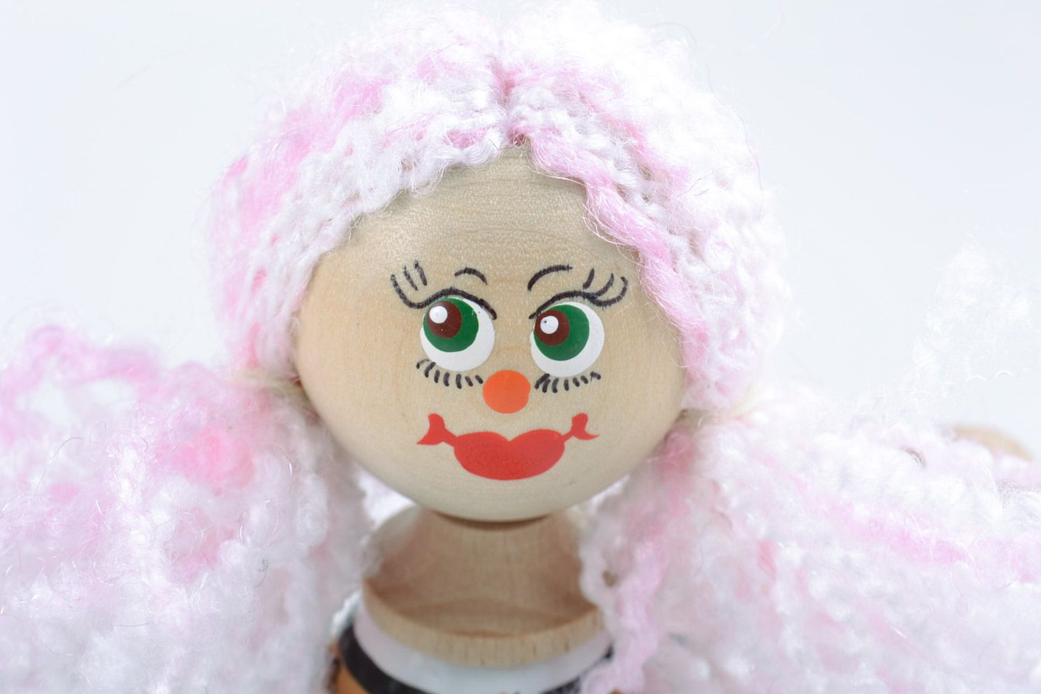 Eco friendly painted homemade wooden toy girl with white curly hair for kids photo 3