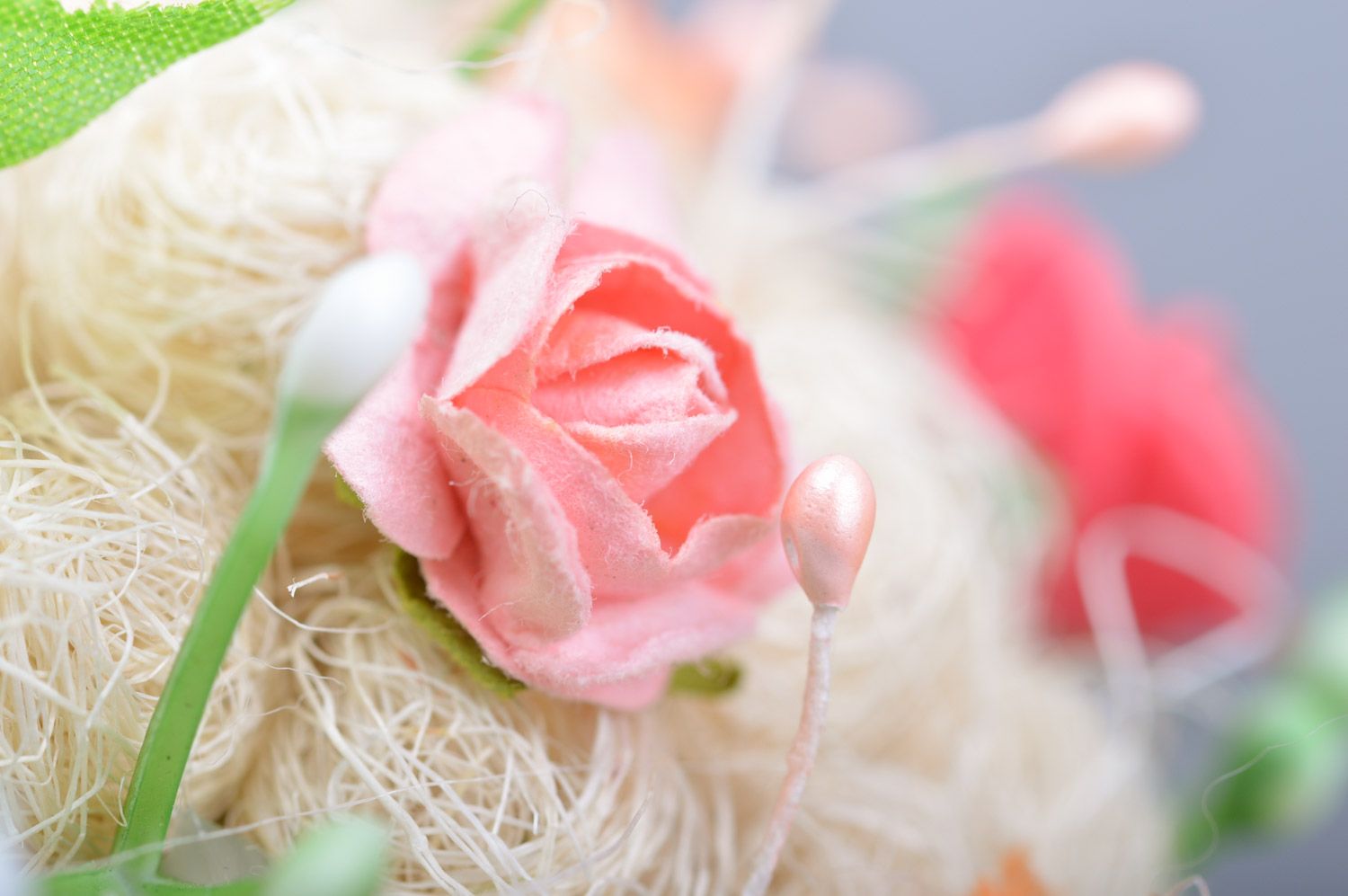 Handmade tender colorful floral topiary with sisal feathers and ribbons  photo 4