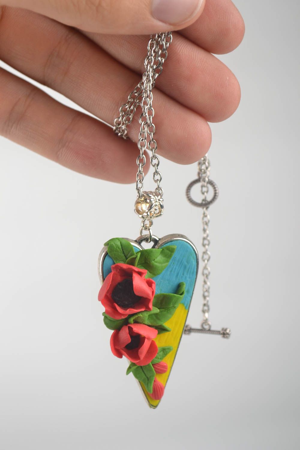 Herz Anhänger handgemachter Schmuck Accessoire für Frauen Polymerton mit Blumen foto 5