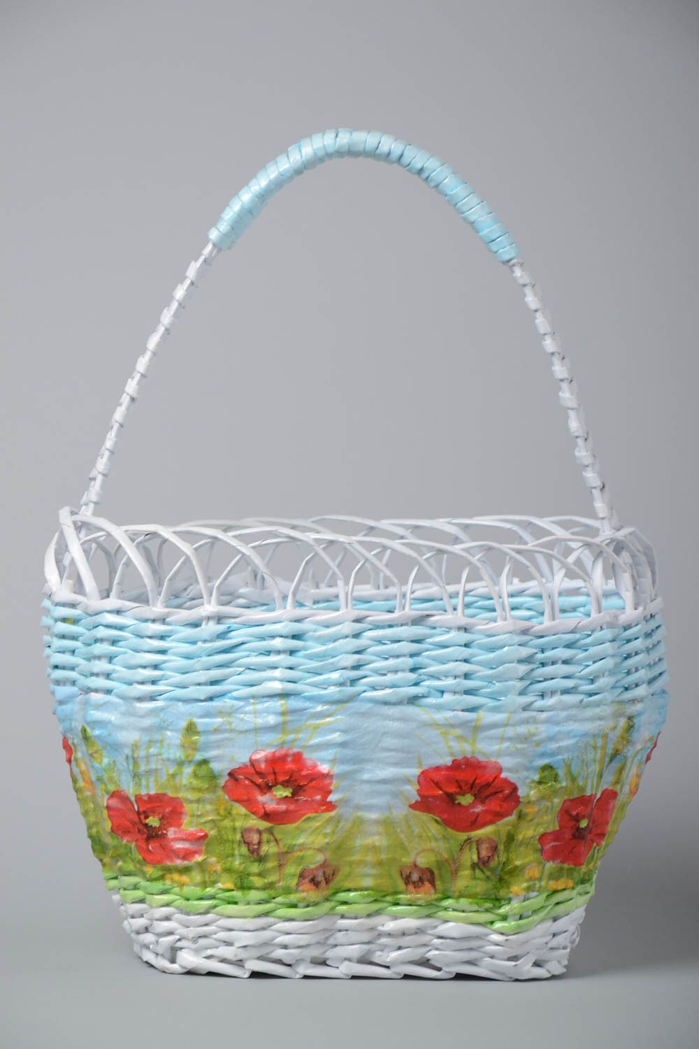 Woven basket made of paper rod in blue shades with painting handmade photo 2