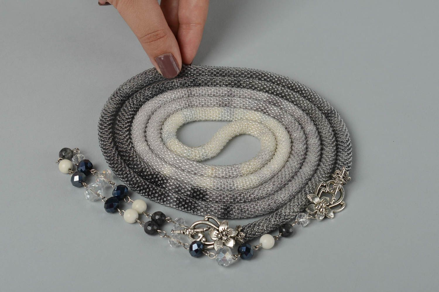Beaded lariat necklace handmade jewelry beaded jewelry in gray shades girl gift  photo 5