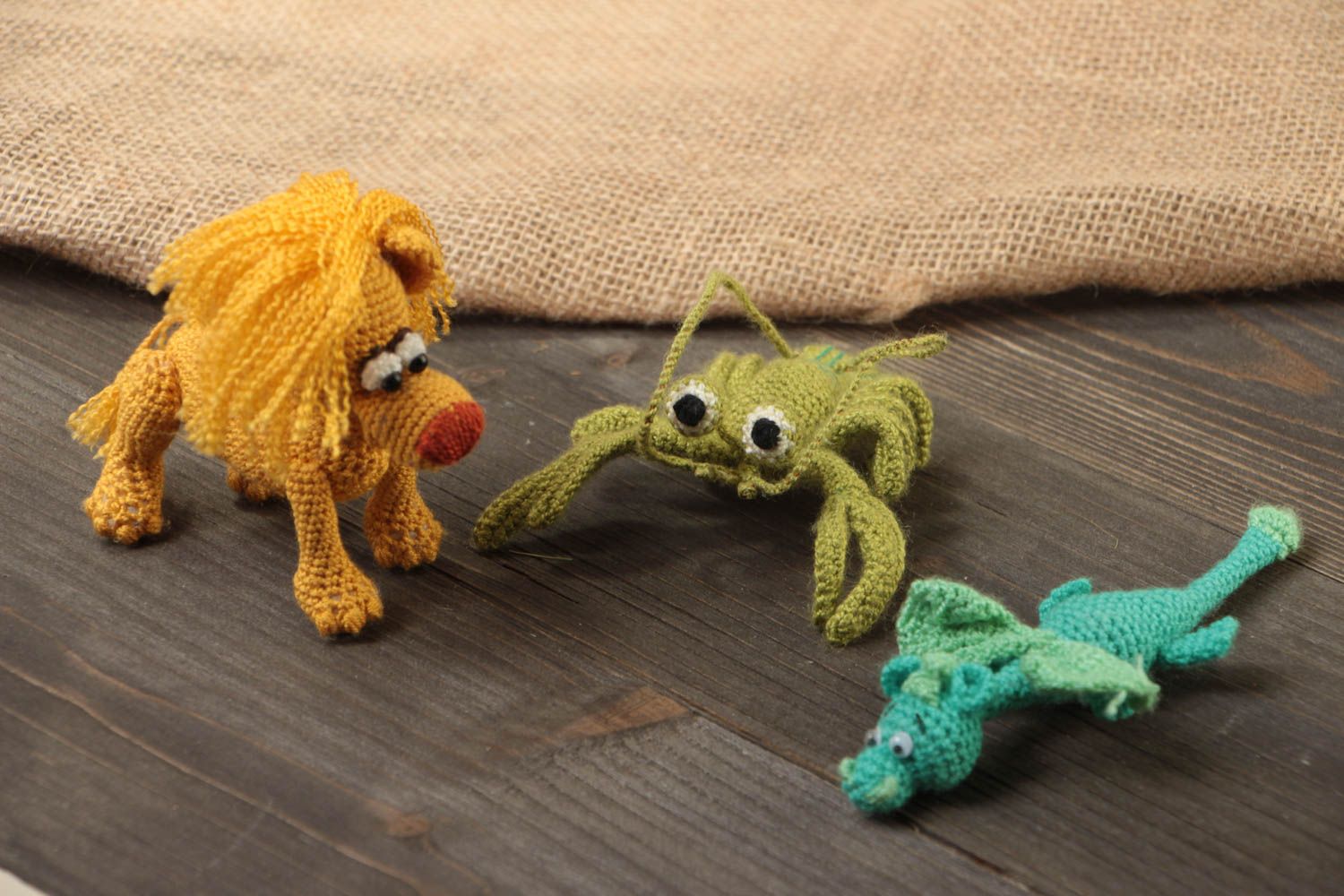 Set of 3 handmade children's crocheted soft toys lion dragon and crayfish photo 1
