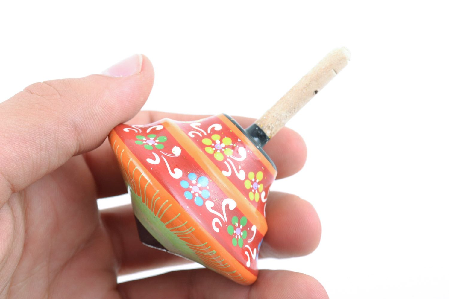 Beautiful handmade designer small wooden children's spin top toy with bright painting photo 2