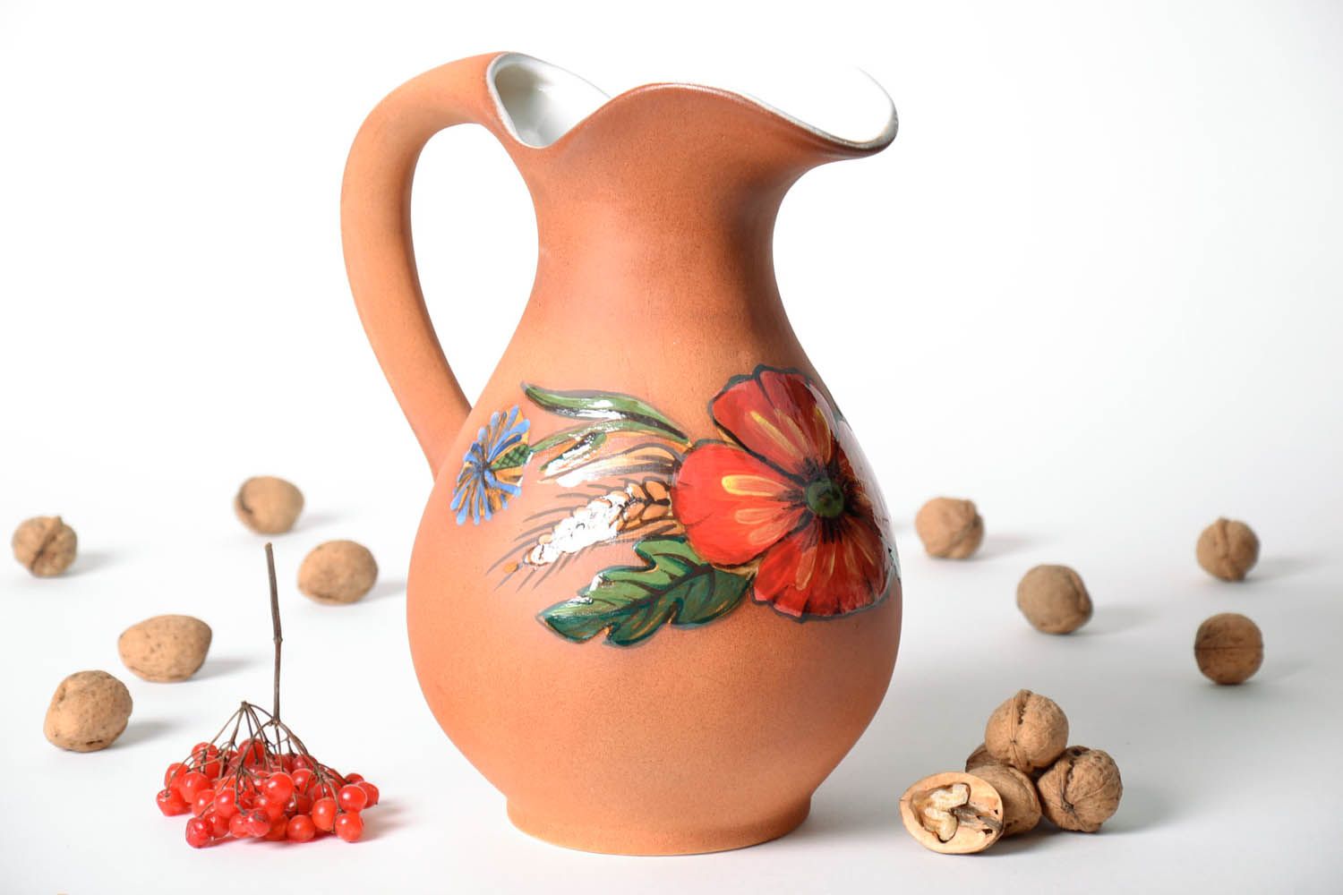 Large handmade 100 oz ceramic water jug in terracotta color with floral design 4 lb photo 1