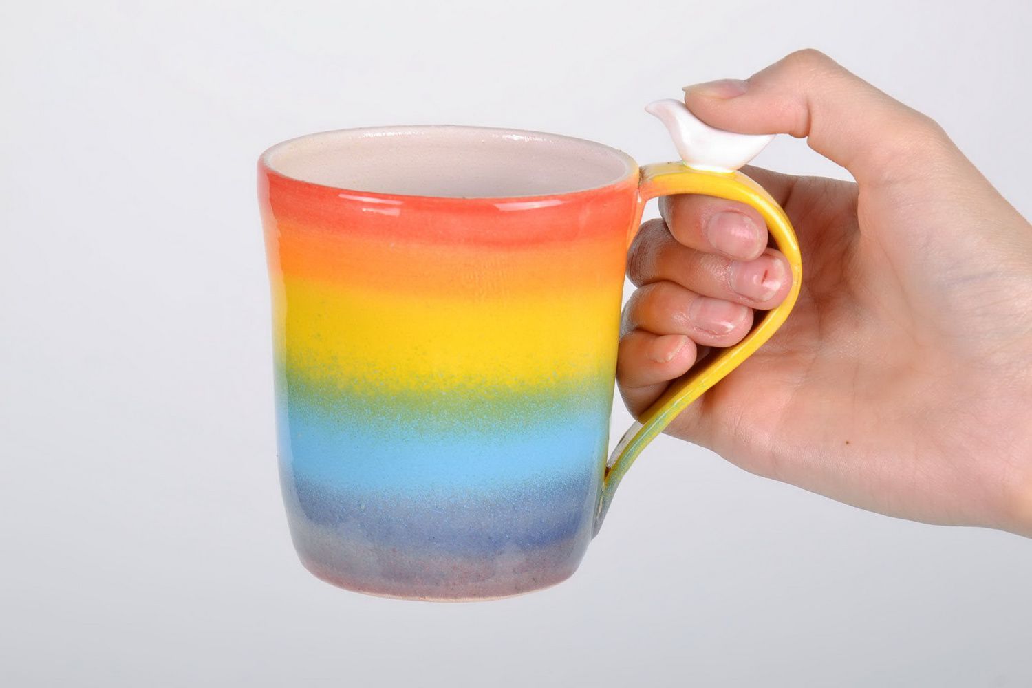 Tall ceramic drinking 10 oz cup with handle and rainbow pattern photo 5