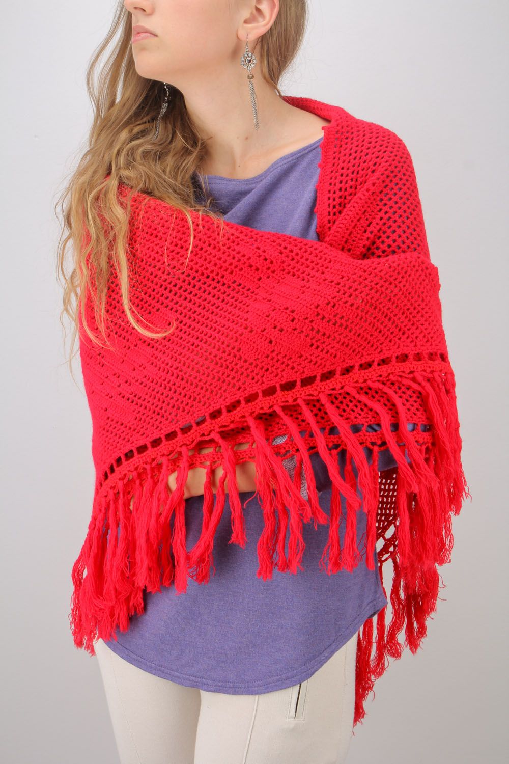 Châle chaud tricoté fait main rouge en fils de laine accessoire pour femme photo 1