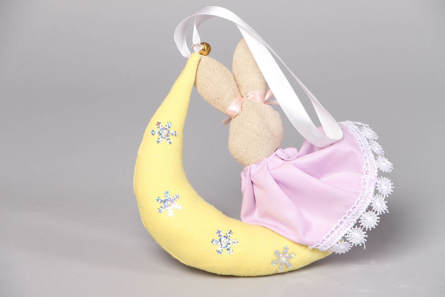 Handmade fabric soft toy interior pendant Bunny on the Half Moon photo 3
