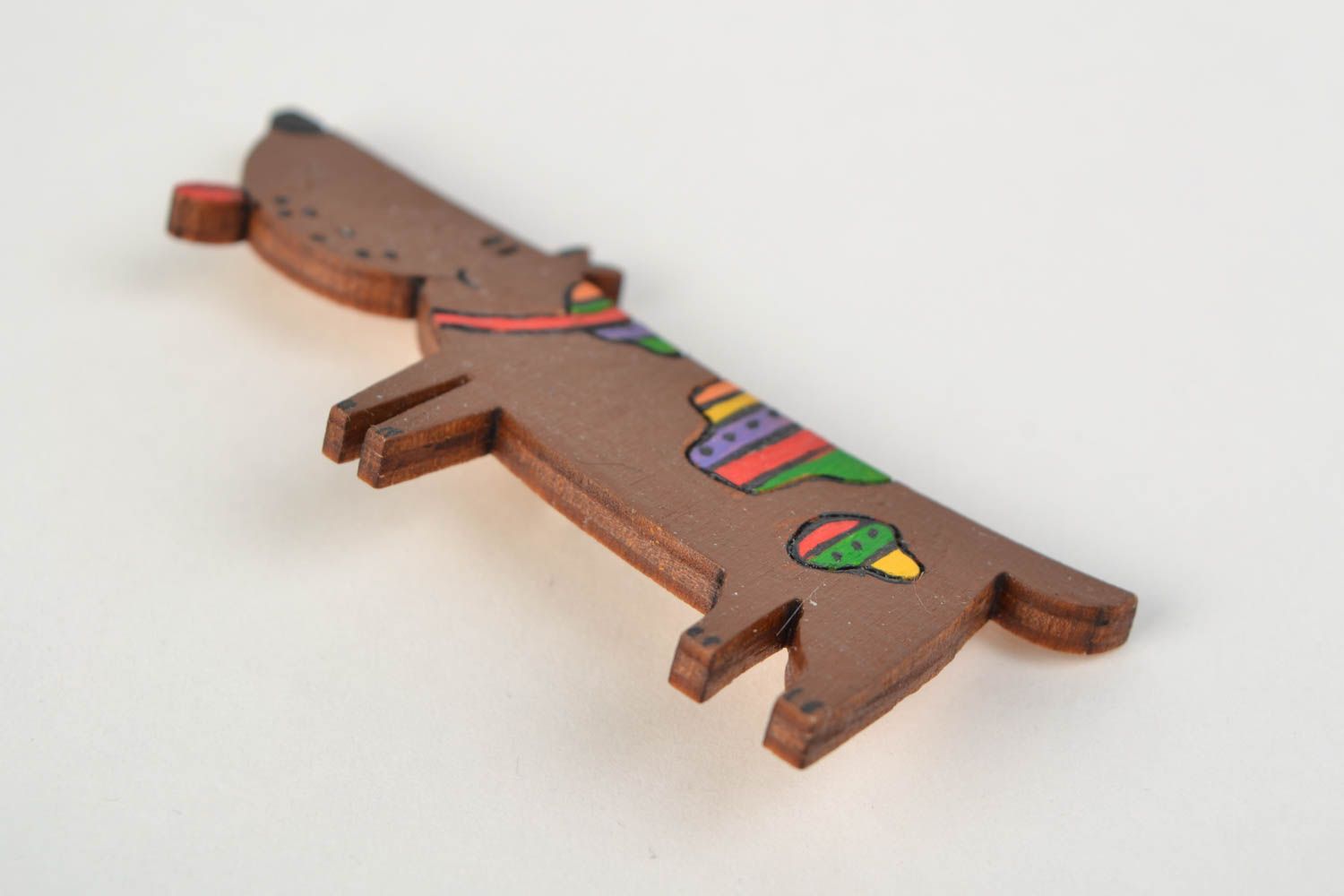 Bright handmade painted wooden brooch in the shape of dog for children photo 5