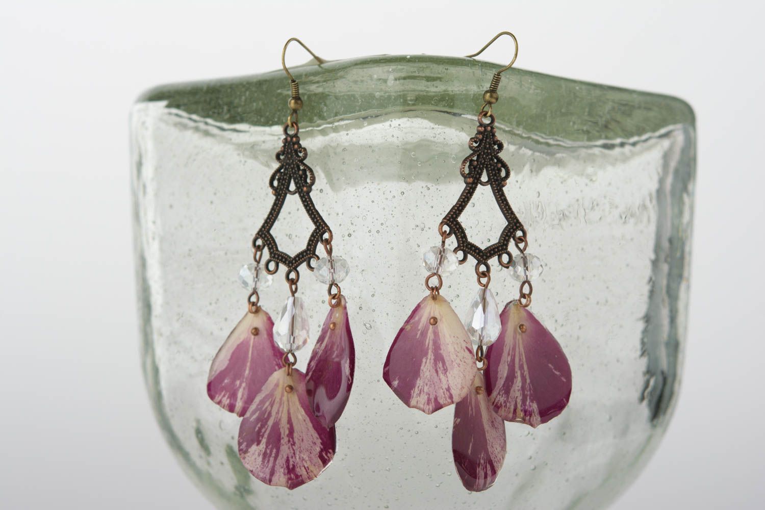 Handmade massive long earrings with rose petals in epoxy resin stylish jewelry photo 1