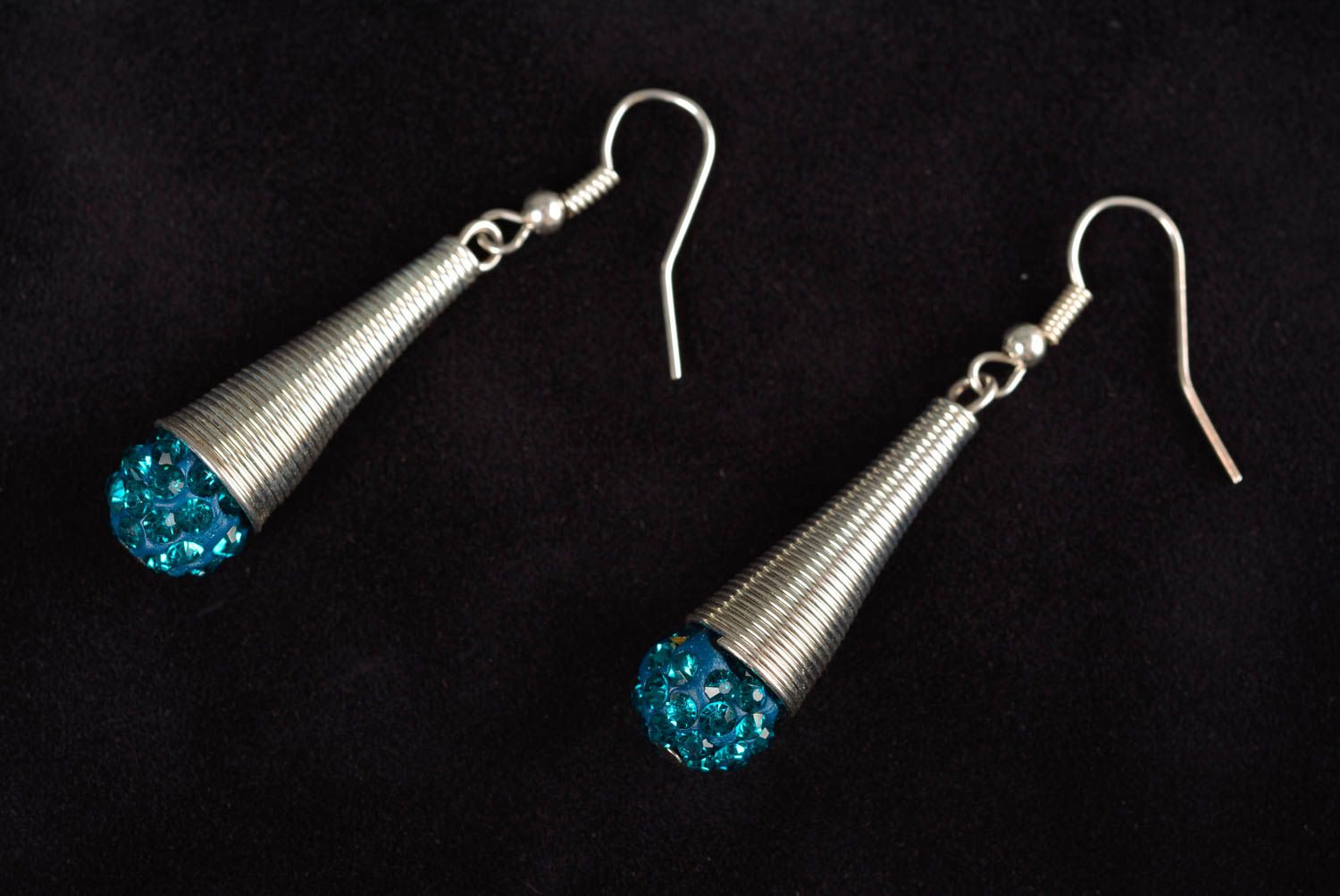 Handmade metal earrings with blue beads beautiful stylish handmade accessory photo 3