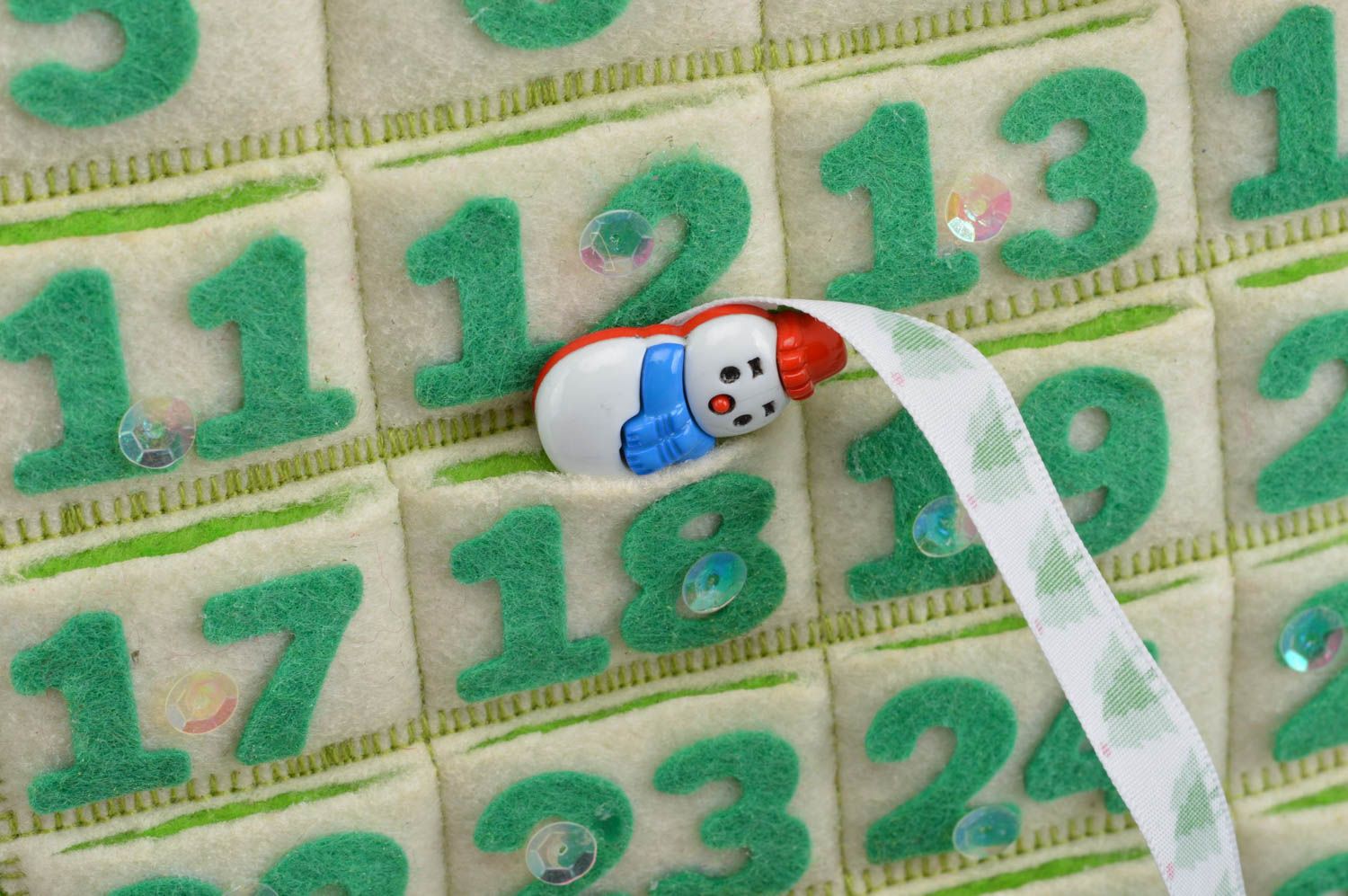 Мягкий календарь в виде игрушки из ткани ручной работы Снеговик зеленый фото 4