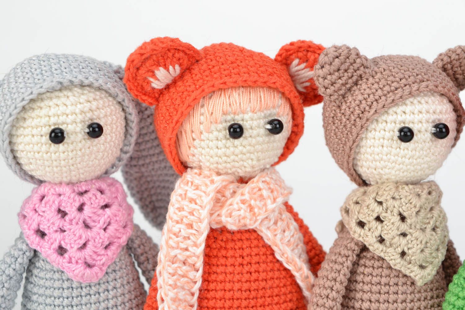 Set of small handmade crochet soft toys 5 pieces Girls in costumes of animals photo 4