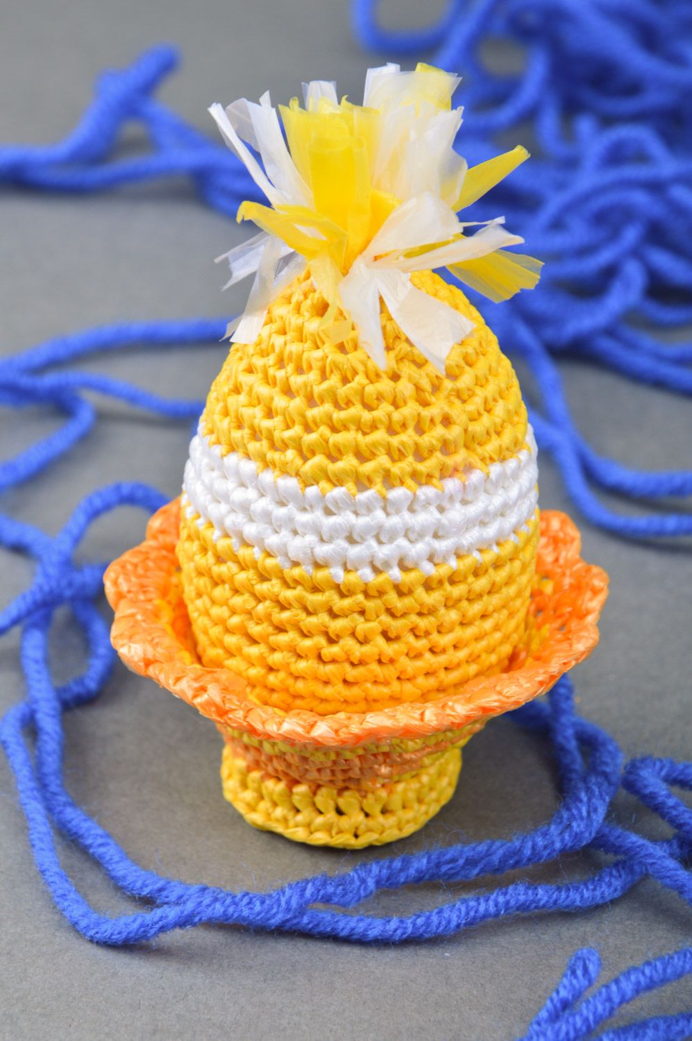 Handmade soft crochet Easter egg of yellow color for decor photo 1
