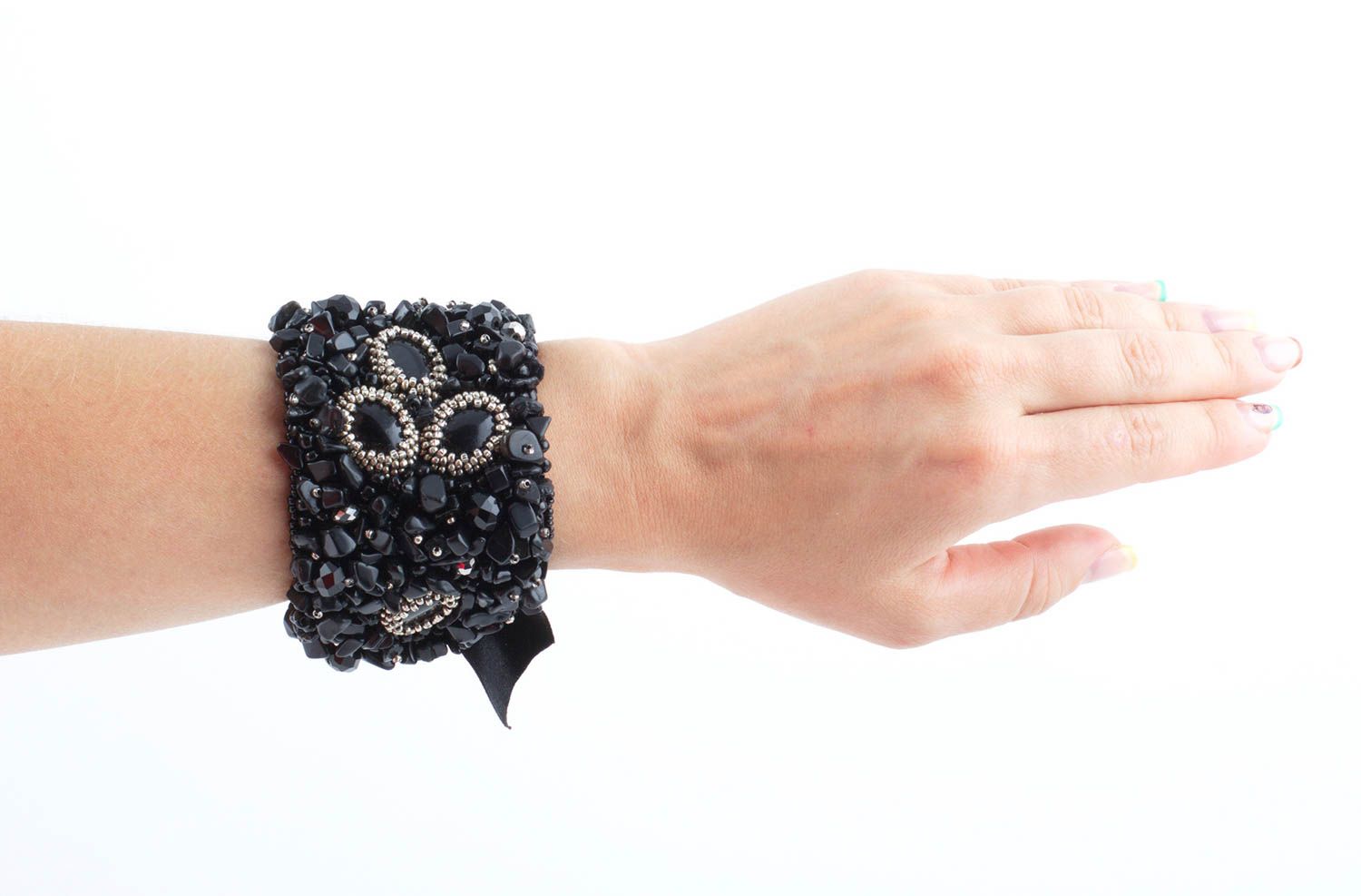 Bracelet noir Accessoire fait main large agate perles de rocaille Cadeau femme photo 1