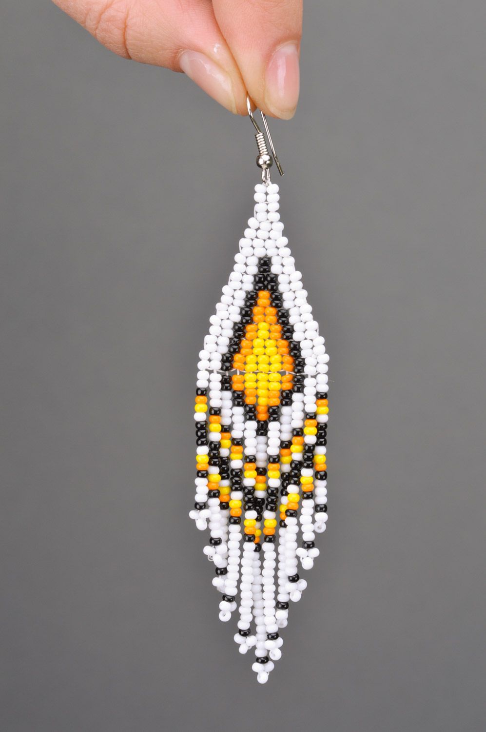 Unusual stylish light handmade earrings woven of Czech beads with fringe photo 3
