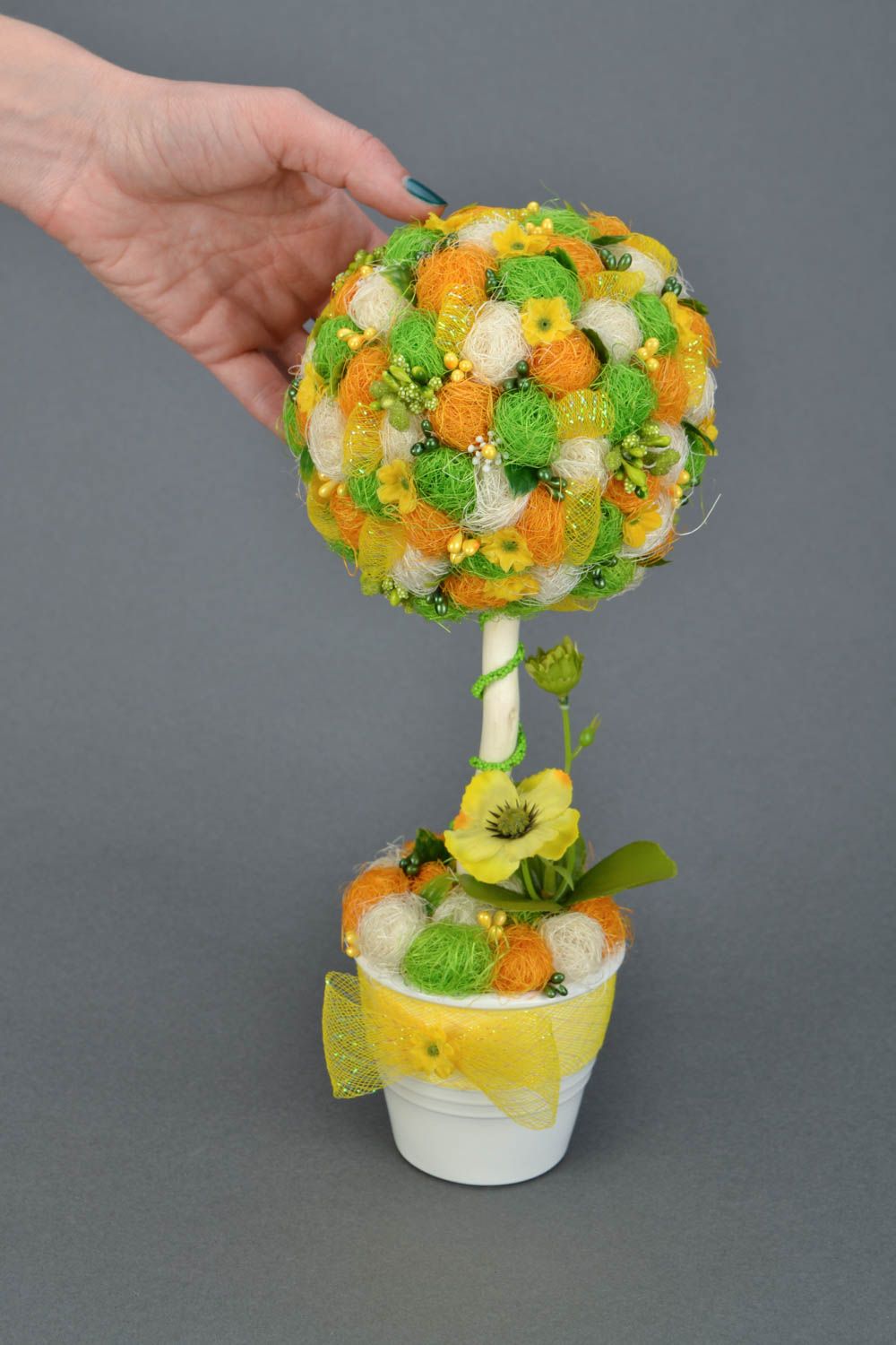 Handmade bright summer yellow green topiary tree with flowers and stamens in pot photo 2