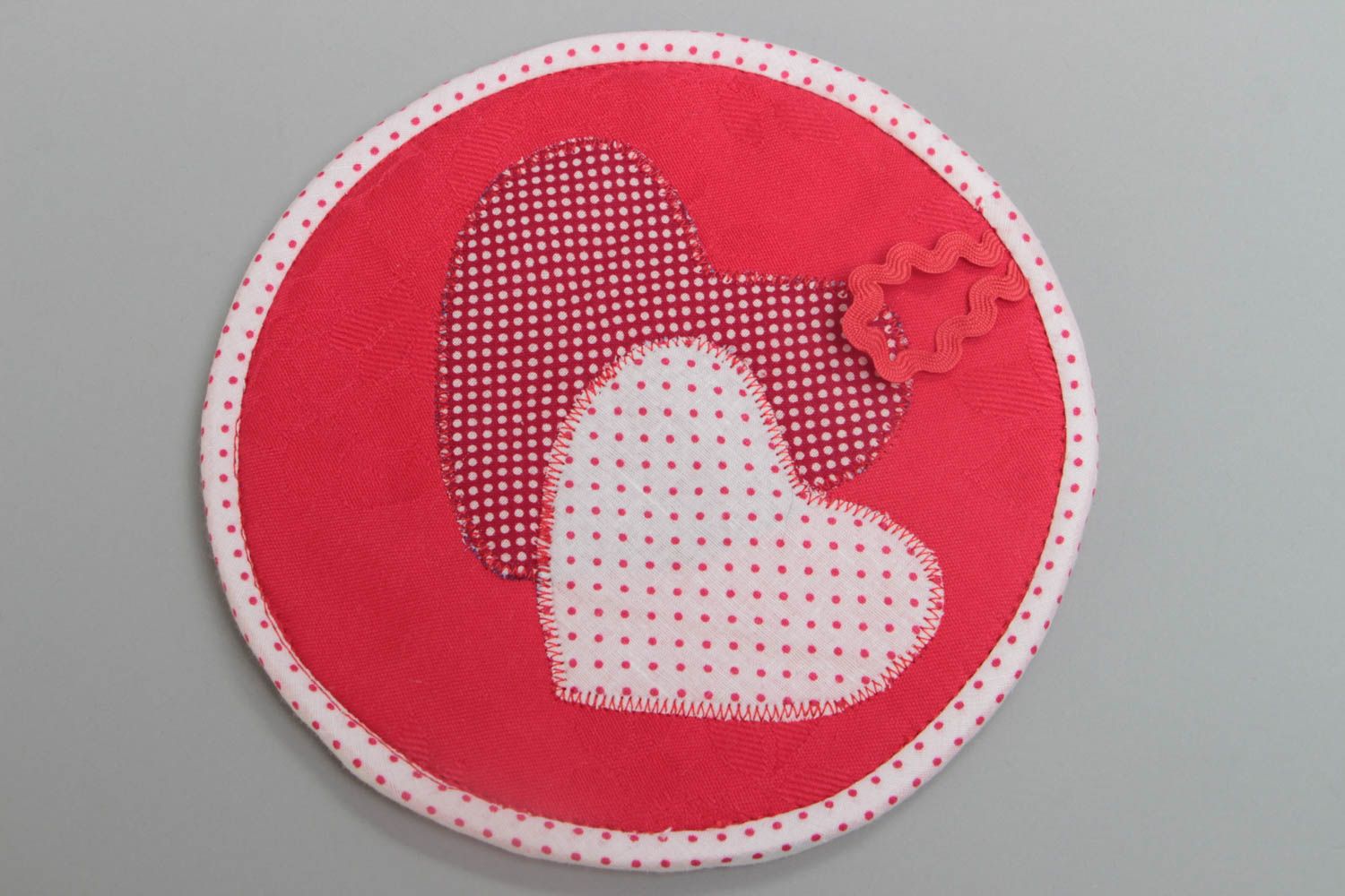 Red polka dot handmade cotton fabric pot holder with hearts photo 2