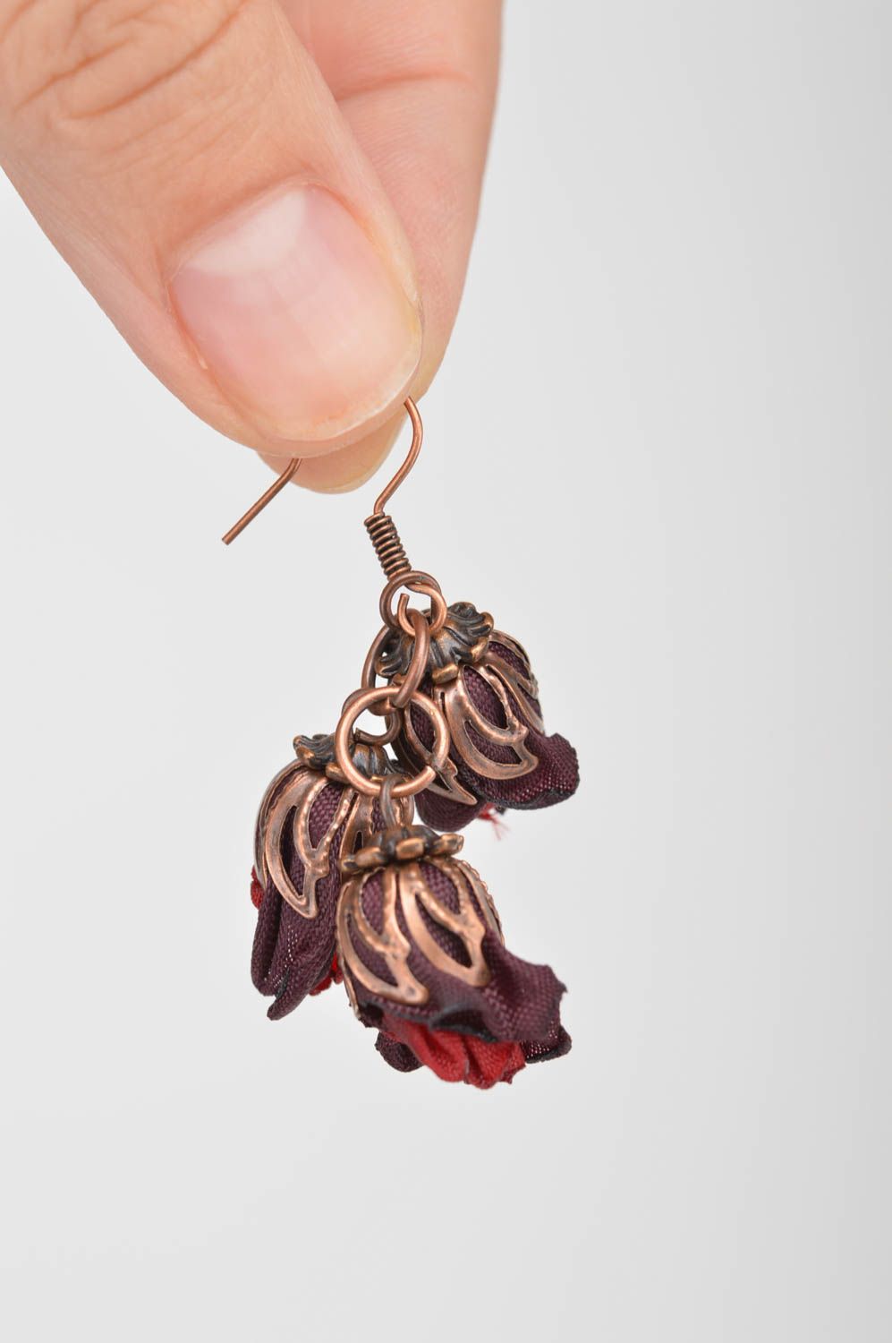 Textile handmade earrings accessories with charms claret earrings with charms photo 2