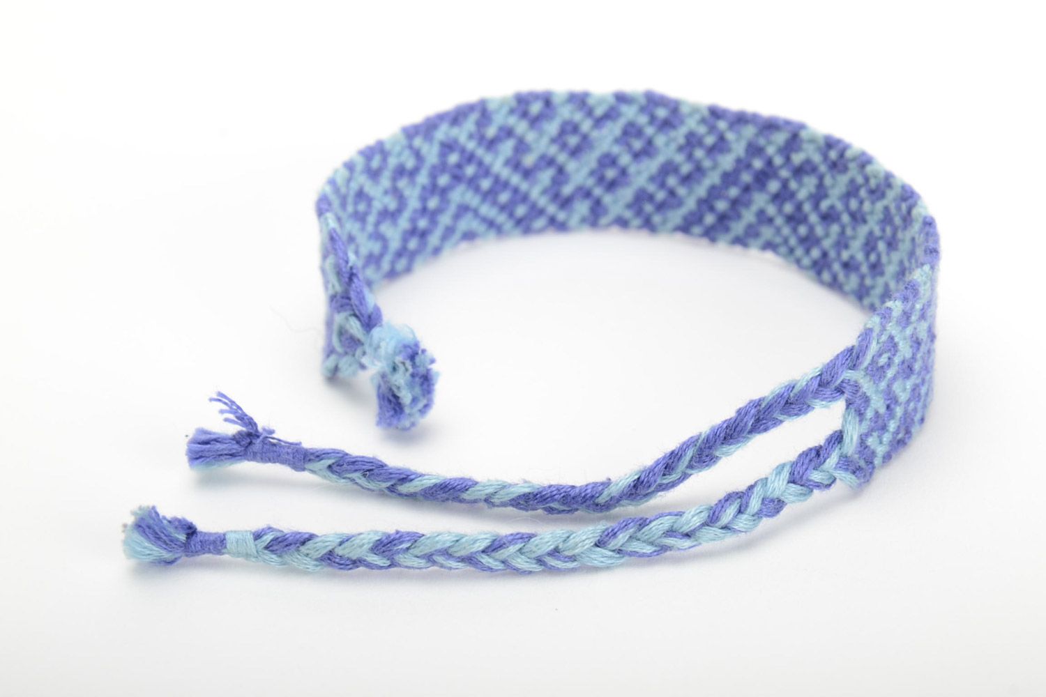 Handmade friendship wrist bracelet woven of threads in blue color with ties photo 3