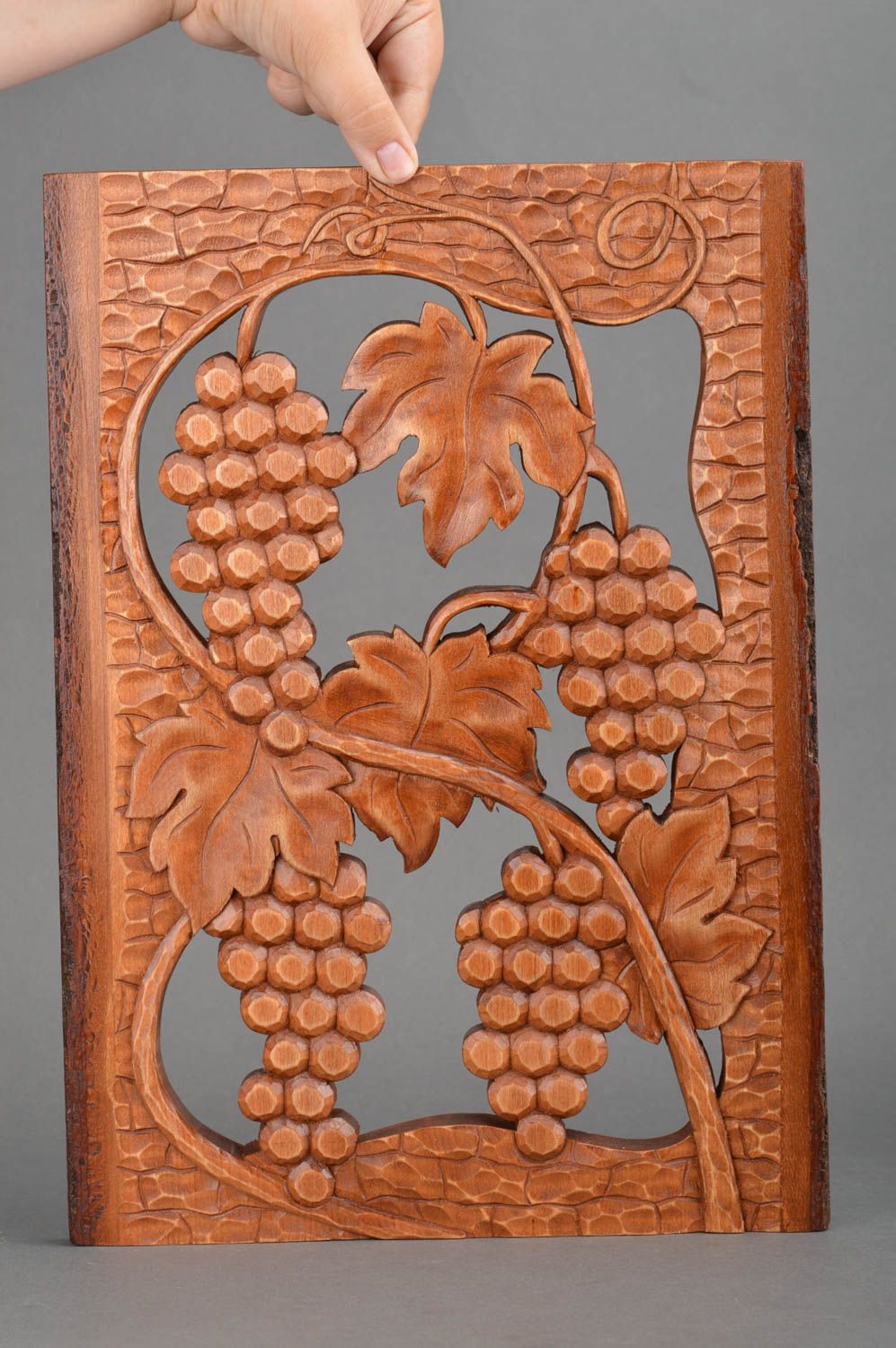 Geschnitztes Wandbild aus Holz im ethnischen Stil handmade Weintrauben foto 5