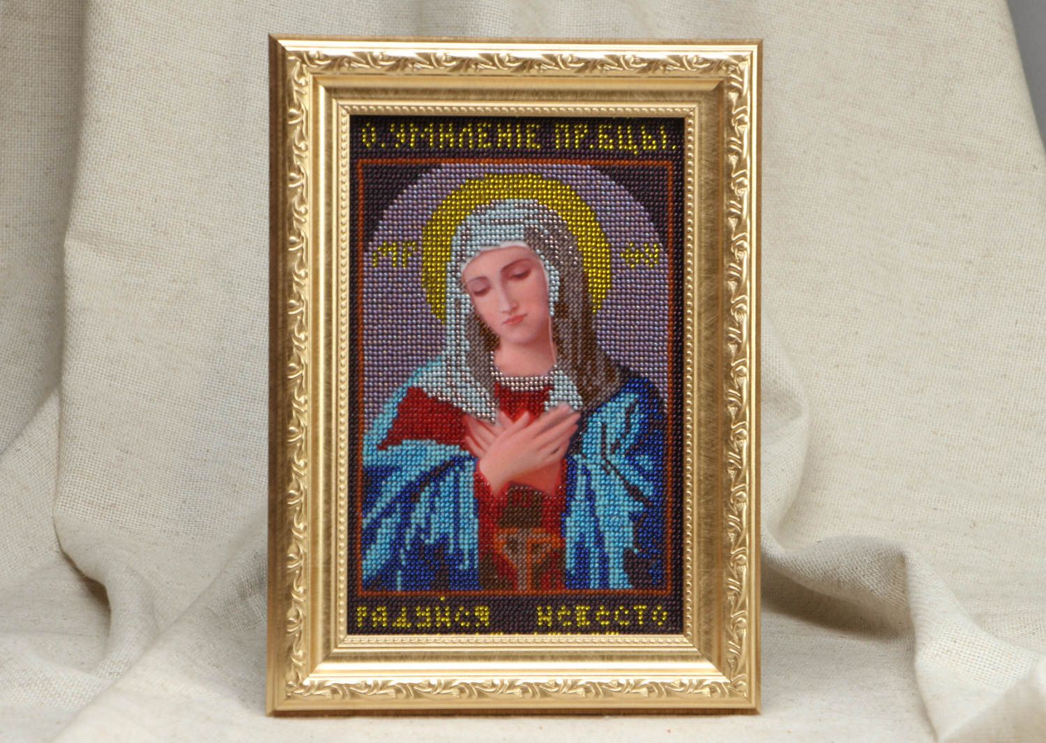 Bead embroidered icon The Virgin Mary of Tenderness photo 1