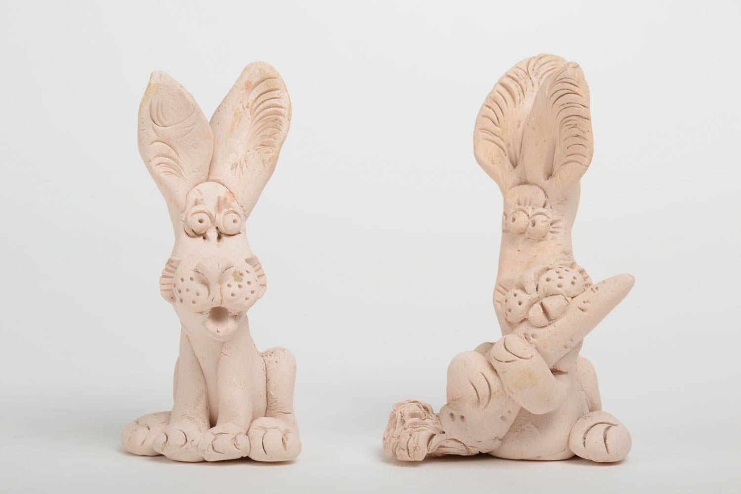 Set of 2 handmade funny miniature ceramic figurines of rabbits for interior photo 2