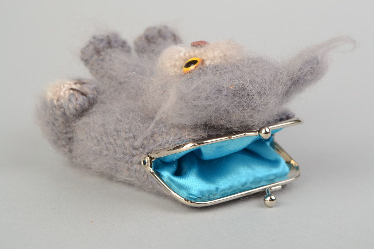 Handmade crocheted wallet purse made of angora threads gray cat for children photo 3