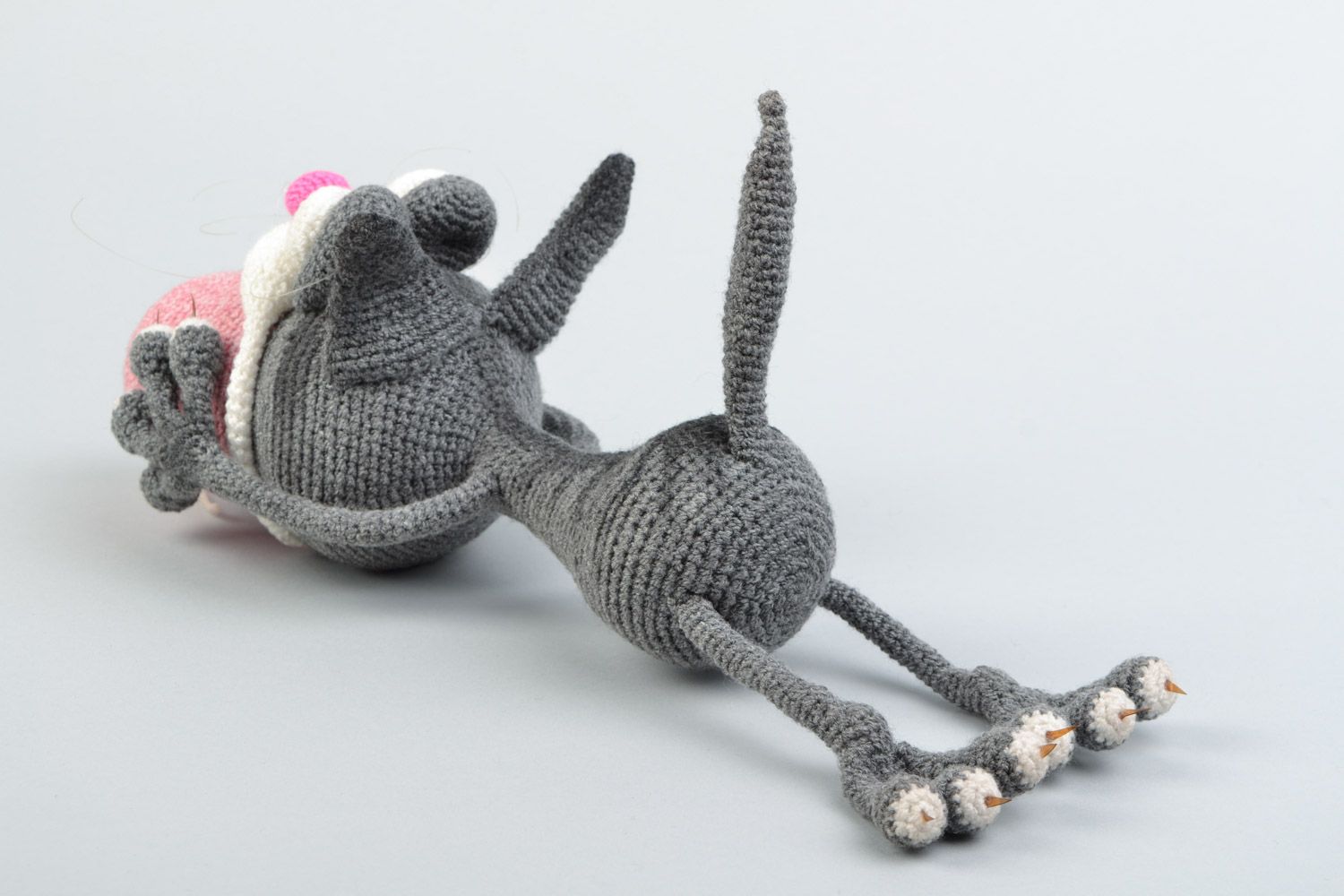 Handmade crocheted soft toy funny grey cat with sausage for children photo 5
