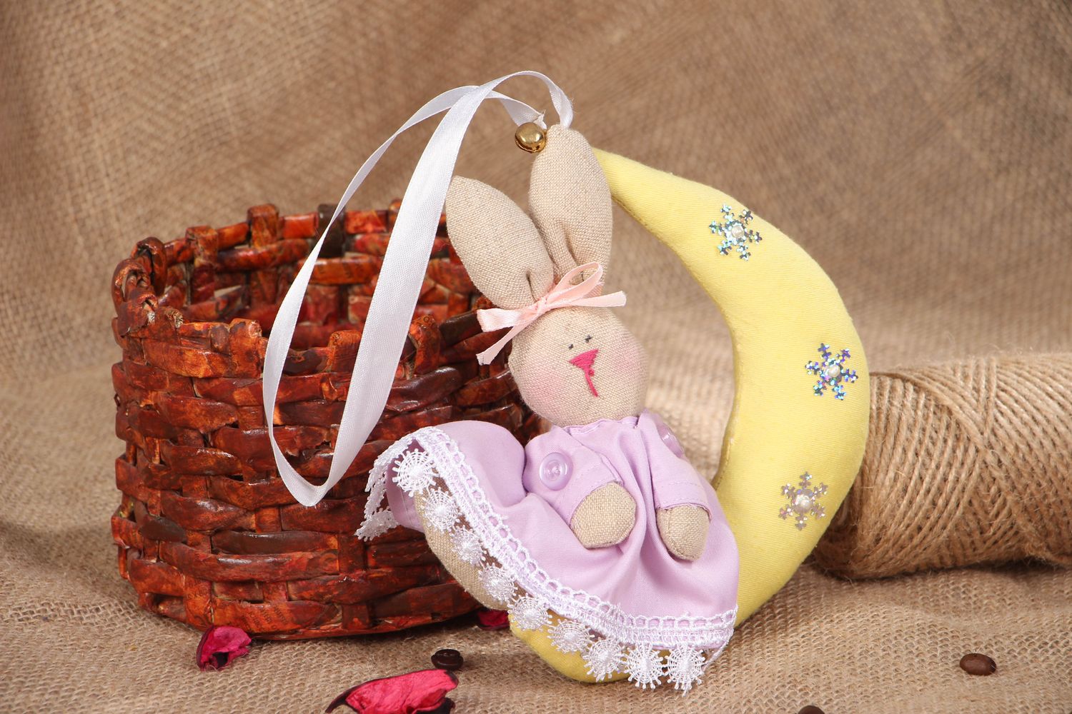 Handmade fabric soft toy interior pendant Bunny on the Half Moon photo 5