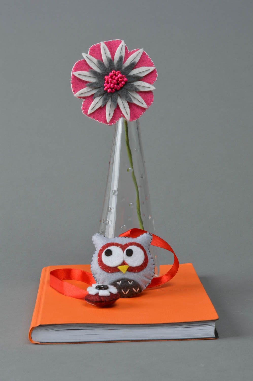 Handmade designer ribbon bookmark with charm gray felt toy owl with embroidery photo 1