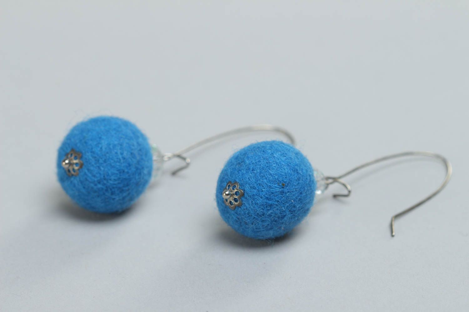 Round handmade designer felting wool earrings with blue beads present for girl photo 3