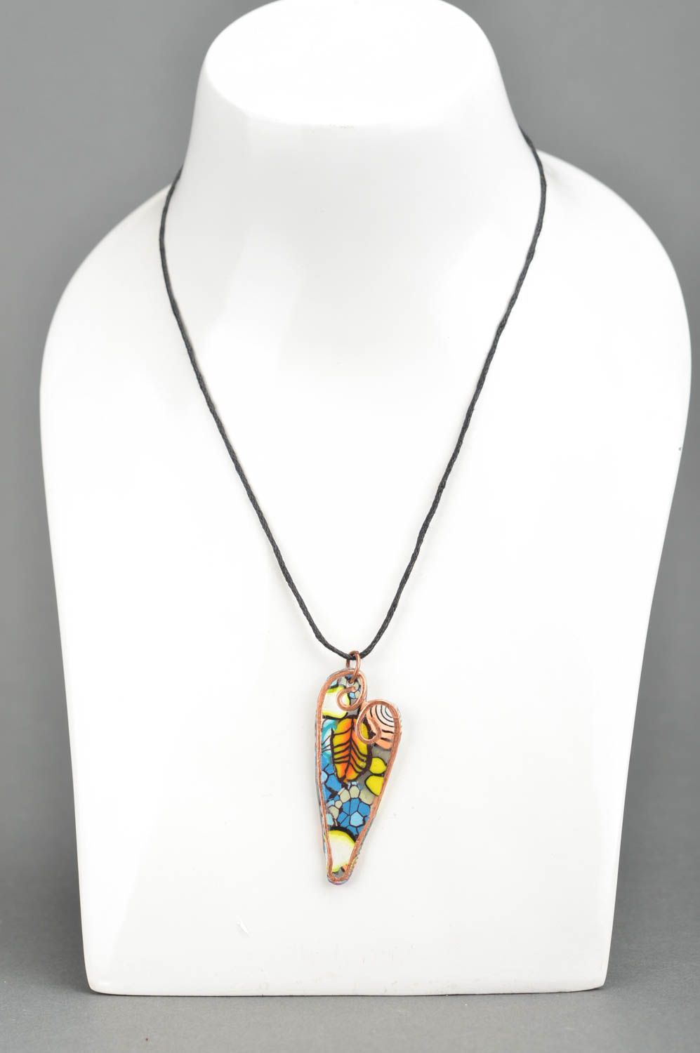 Handmade polymer clay pendant in the form of multi-colored heart on long cord photo 5