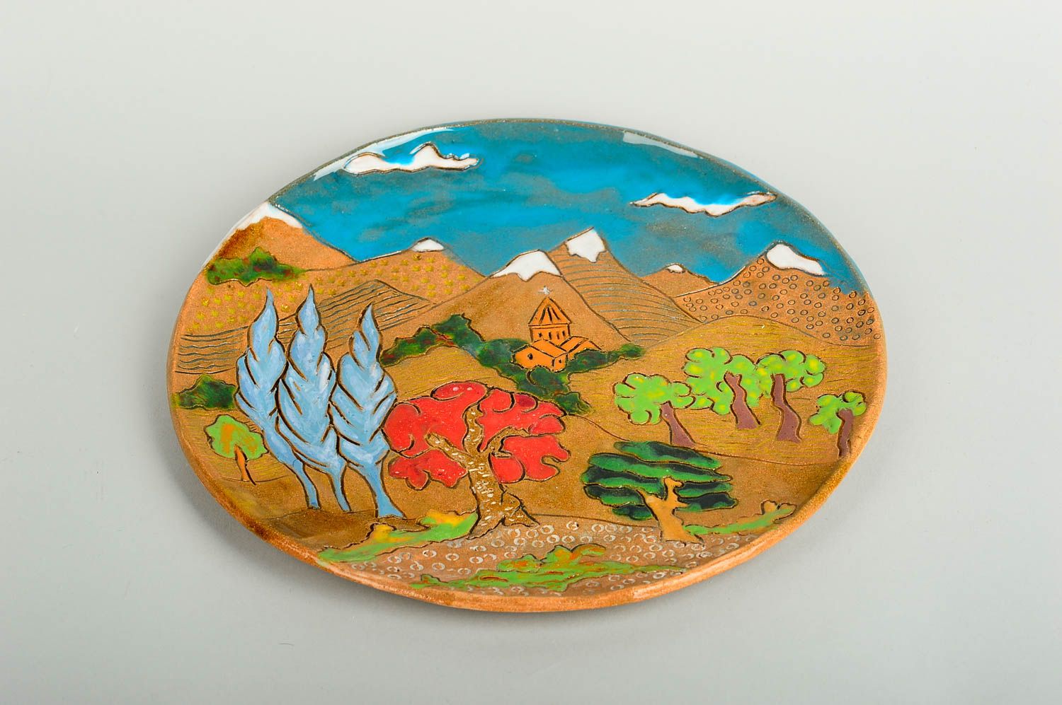 Керамическая тарелка хэнд мэйд глиняная посуда расписная тарелка Горный пейзаж фото 3