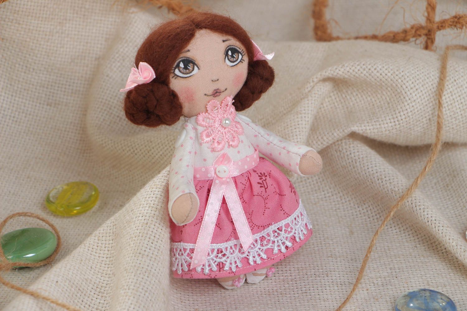 Handcrafted soft beautiful doll in a pink dress for girls made of cotton photo 1