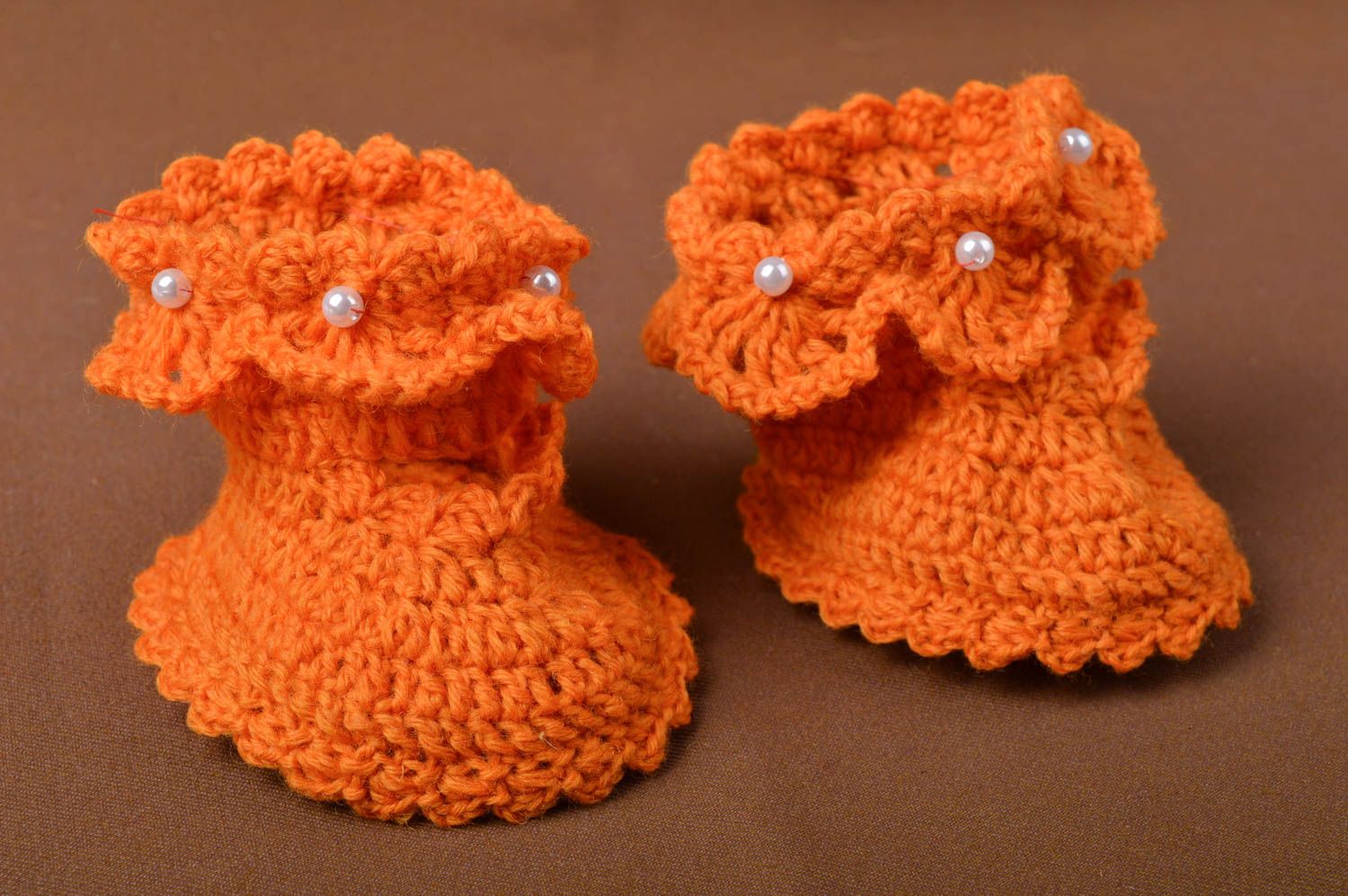Вязаные носки ручной работы пинетки для малышей пинетки крючком оранжевые фото 1