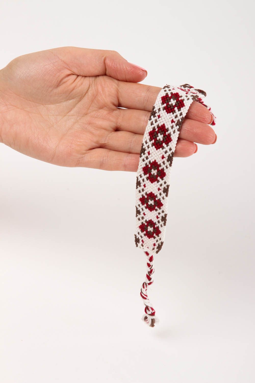 Bracelet blanc motif rouge-marron Bijou fait main tressé large Cadeau pour femme photo 5