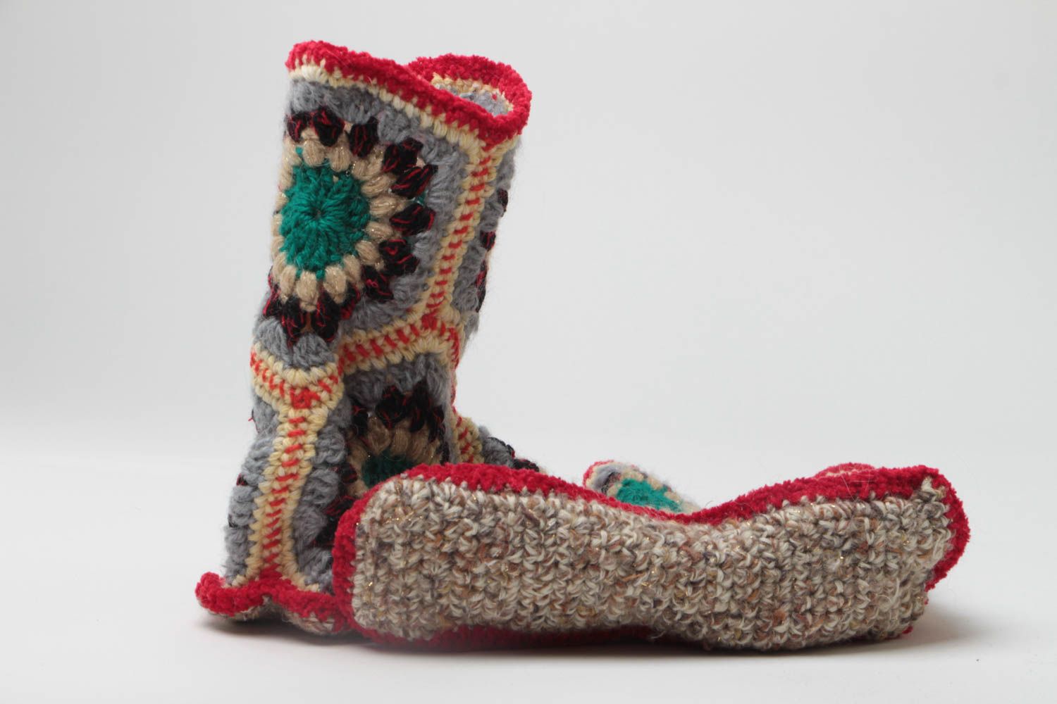 Handmade beautiful female crocheted high home slippers boots photo 4