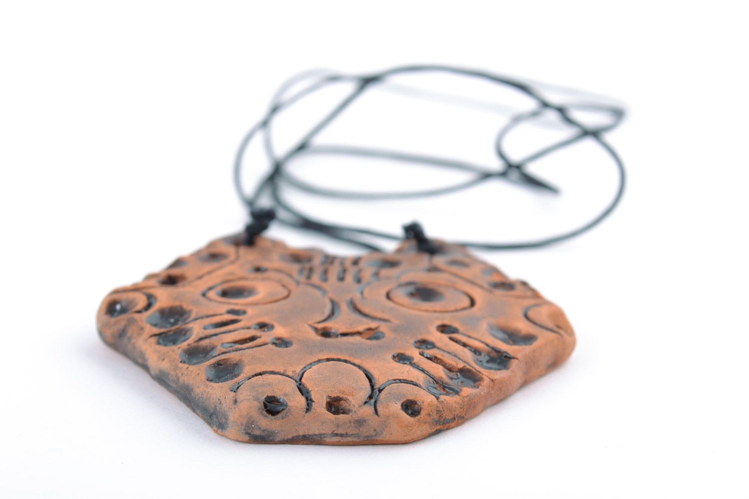 Handmade painted ceramic pendant of unusual shape on cord for women photo 5